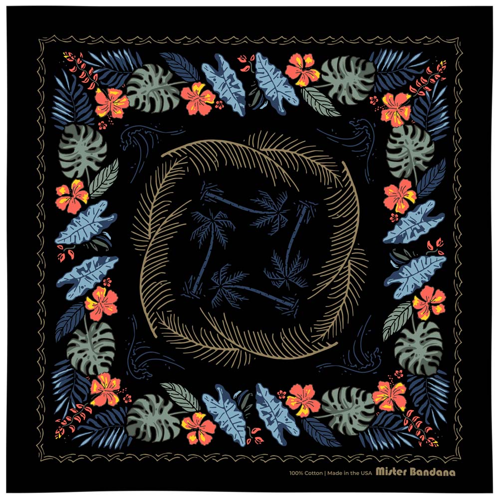 The BALI HIGH Hawaiian bandana. You navigate by the moon. You steer your ship by the stars. This dark and stormy bandana will fill your sails with a mighty wind. Details: Size: 22" x 22" Material: 100% cotton, water-based inks. Cotton milled in South Carolina, printed in New York. Made in the USA 🇺🇸 