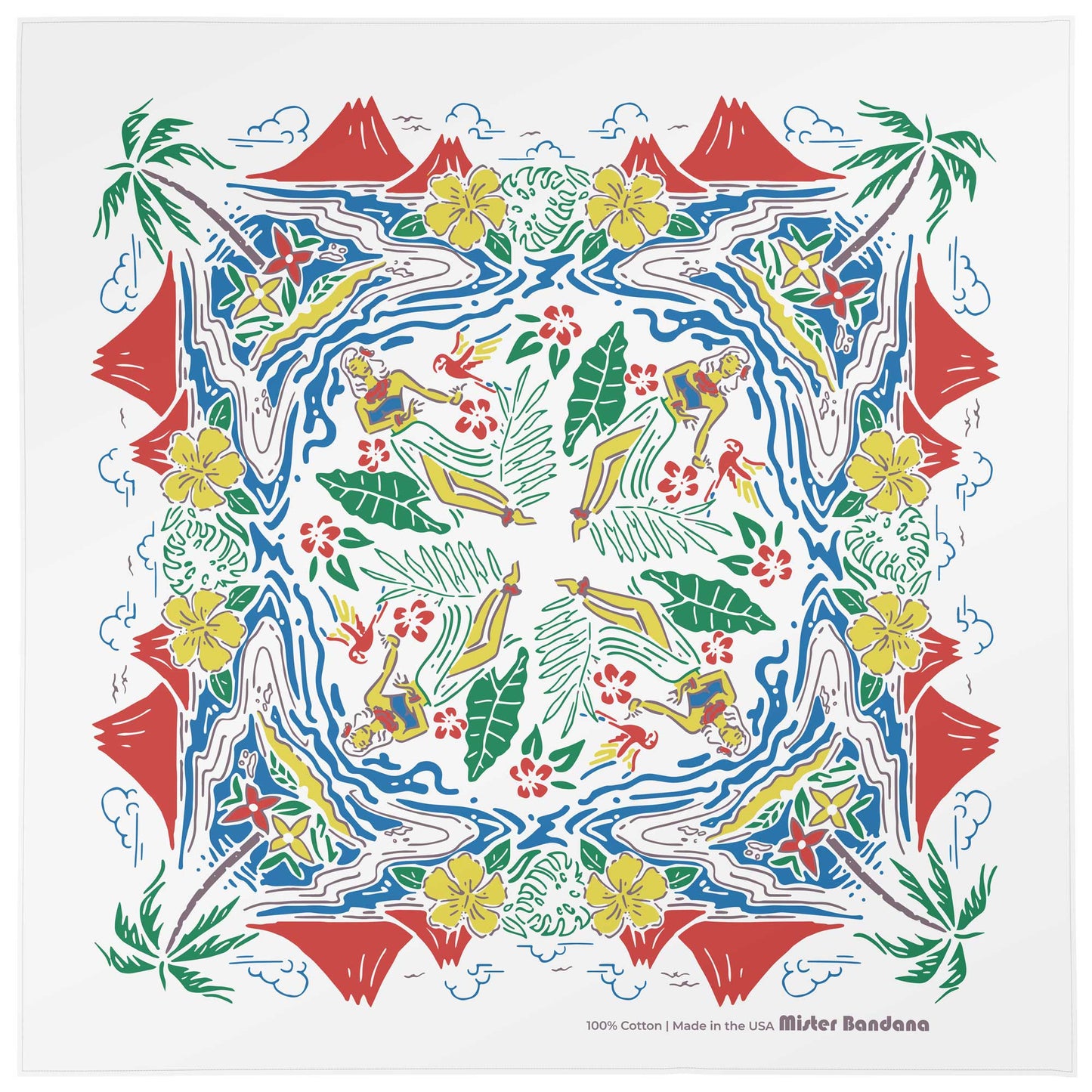 Behold the ALOHA Hawaiian bandana, made in the USA. Volcanoes erupt. Palm trees sway. Maidens beckon to the gods. Parrots fly by, squawking melodically. This is what people experience when you walk into the room, whilst wearing the ALOHA bandana. Size: 22" x 22" Material: 100% cotton, water-based inks. Cotton milled in South Carolina, printed in California.  Made in the USA 🇺🇸 